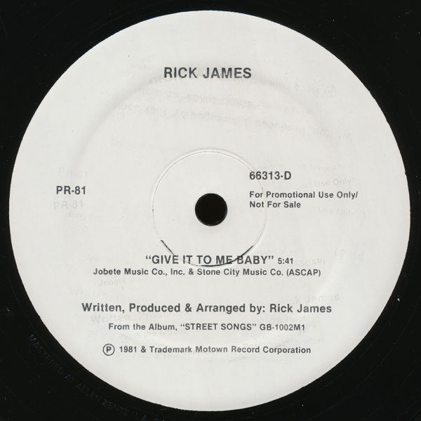 Image of Front Cover of 4144217S: 12" - RICK JAMES, Give It To Me Baby / Instrumental (Motown; PR-81, US 1981, Promo, Die Cut Sleeve) Light Marks only. Ringwear/water damage to sleeve.  G+/VG