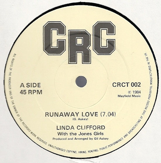 Image of Front Cover of 4114411C: 12" - LINDA CLIFFORD / THE JONES GIRLS, Runaway Love / You Are, You Are (CRC; CRCT 002, UK 1984 Reissue) IDS company sleeve worn and creased. Labels have small stains  G+/VG