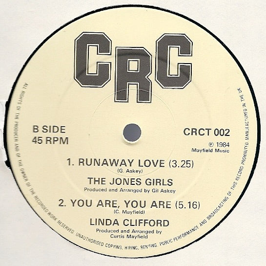 Image of Back Cover of 4114411C: 12" - LINDA CLIFFORD / THE JONES GIRLS, Runaway Love / You Are, You Are (CRC; CRCT 002, UK 1984 Reissue) IDS company sleeve worn and creased. Labels have small stains  G+/VG