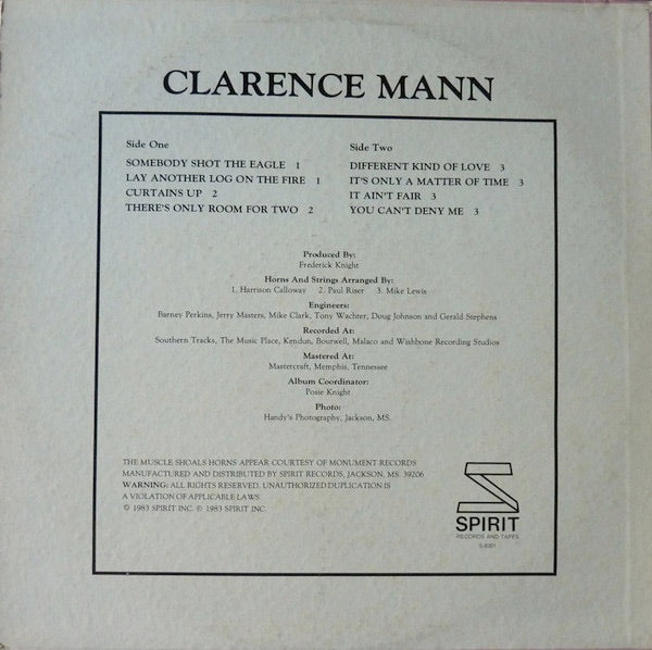 Image of Back Cover of 4114416C: LP - CLARENCE MANN, Clarence Mann (Spirit Records ; S-8301, US 1983) Sleeve has small stains and ring wear on it   particularly on reverse  VG/VG