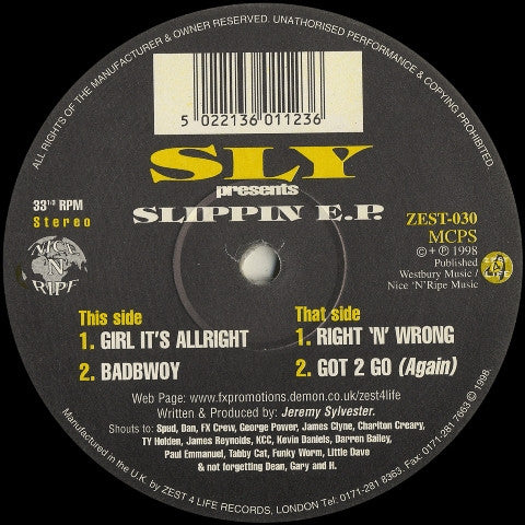 Image of Front Cover of 12" EP - /VG - SLY, Slippin E.P. (Zest 4 Life; ZEST-030, UK 1998), ,  - 4026307E