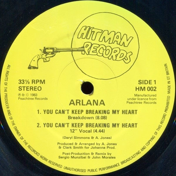 Image of Front Cover of 4114442C: 12" - ARLANA, You Can't Keep Breaking My Heart (Hitman Records; HM 002, UK 1983)   /VG