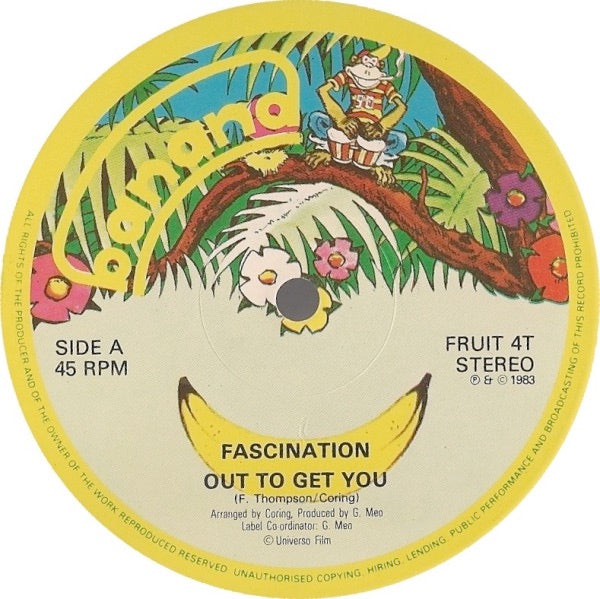 Image of Front Cover of 4114463C: 12" - FASCINATION, Out To Get You (Banana Records; FRUIT 4T, UK 1984) In plain black Pinnacle Distribution sleeve (creased and worn)  VG/VG