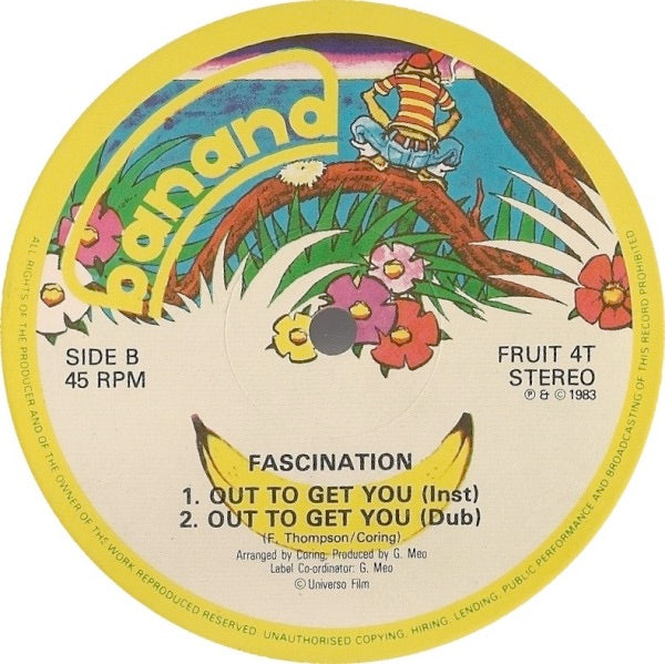 Image of Back Cover of 4114463C: 12" - FASCINATION, Out To Get You (Banana Records; FRUIT 4T, UK 1984) In plain black Pinnacle Distribution sleeve (creased and worn)  VG/VG