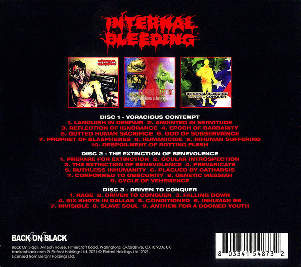 Image of Back Cover of 4154361S: 3xCD - INTERNAL BLEEDING, Hemorrhage 1995-1999 (Back On Black ; BOBV943CD, UK 2021)   VG+/VG+