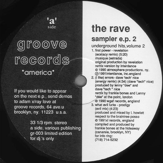 Image of Front Cover of 4114594C: 12" - VARIOUS, The Rave Sampler E.P. - Underground Hits Volume 2 (Groove Records; GR 003, 	US 1991) Light Marks only.  /VG