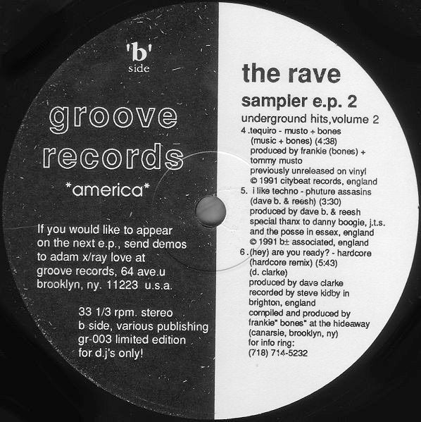 Image of Back Cover of 4114594C: 12" - VARIOUS, The Rave Sampler E.P. - Underground Hits Volume 2 (Groove Records; GR 003, 	US 1991) Light Marks only.  /VG