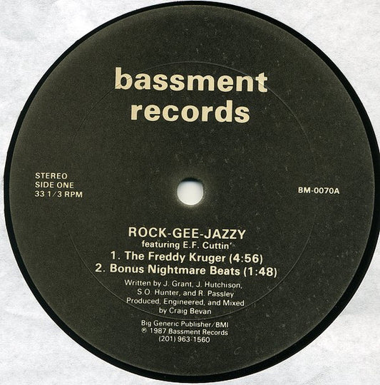 Image of Front Cover of 4244056S: 12" - ROCK-GEE-JAZZY FEATURING E.F. CUTTIN', The Freddy Kruger (Bassment Records; BM-0070, US 1987) one faint scuff. yellow card sleeve  VG/VG