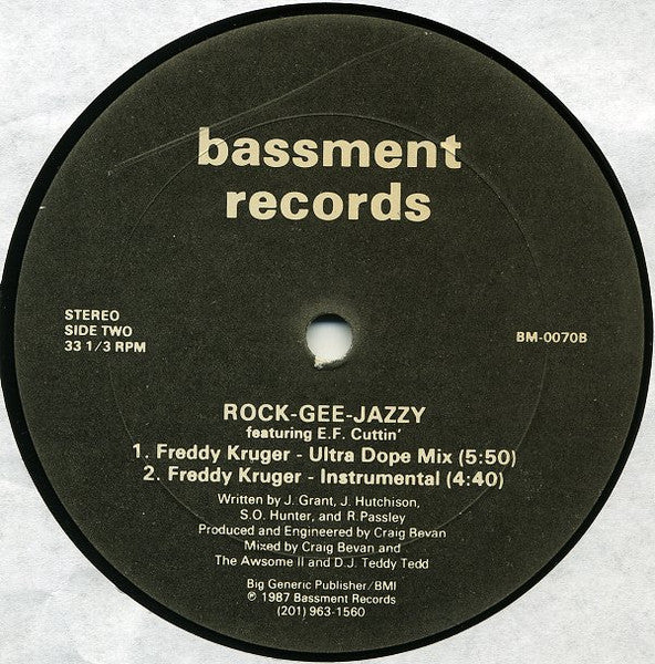 Image of Back Cover of 4244056S: 12" - ROCK-GEE-JAZZY FEATURING E.F. CUTTIN', The Freddy Kruger (Bassment Records; BM-0070, US 1987) one faint scuff. yellow card sleeve  VG/VG