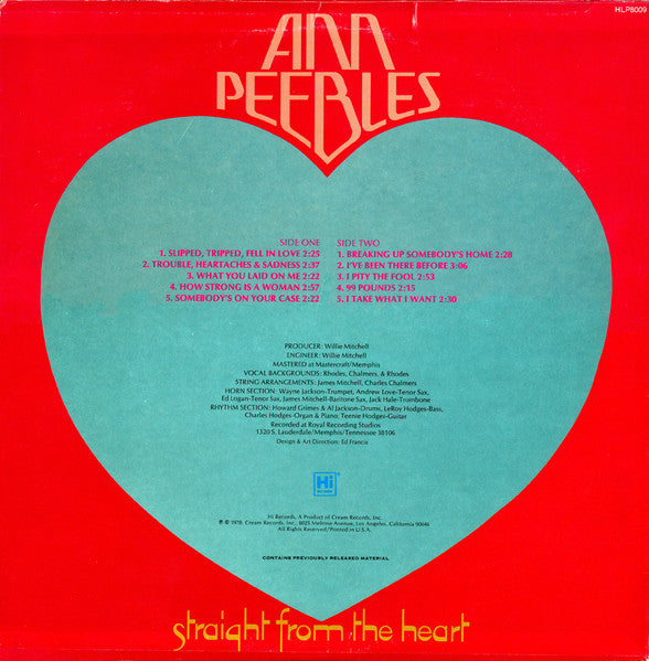 Image of Back Cover of 4224017E: LP - ANN PEEBLES, Straight From The Heart (Hi Records; HLP 8009, US 1978 Reissue) Heavy warp. Writing On Front Sleeve, cut-out (hole punch), sticker damage. Couple of light marks to record.  G+/F