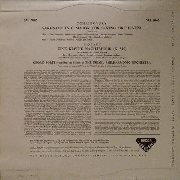 Image of Back Cover of 4124161E: LP - GEORG SOLTI, ISRAEL PHILHARMONIC ORCHESTRA, Mozart: Eine Kleine Nachtmusik / Tchaikovsky: Serenade For Strings (Decca Black Unboxed Wideband - Original Recording at 11 O'Clock - Grooved ED1; SXL 2046, South Africa 1959, Front Laminated Straight Flipback Sleeve, No Blue Bars on Rear Sleeve) Minor Tear in Front Sleeve Opening  VG/VG+