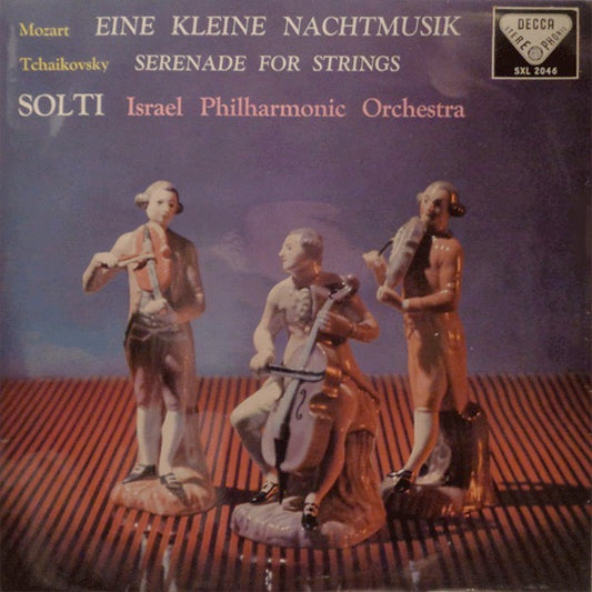 Image of Front Cover of 4124161E: LP - GEORG SOLTI, ISRAEL PHILHARMONIC ORCHESTRA, Mozart: Eine Kleine Nachtmusik / Tchaikovsky: Serenade For Strings (Decca Black Unboxed Wideband - Original Recording at 11 O'Clock - Grooved ED1; SXL 2046, South Africa 1959, Front Laminated Straight Flipback Sleeve, No Blue Bars on Rear Sleeve) Minor Tear in Front Sleeve Opening  VG/VG+