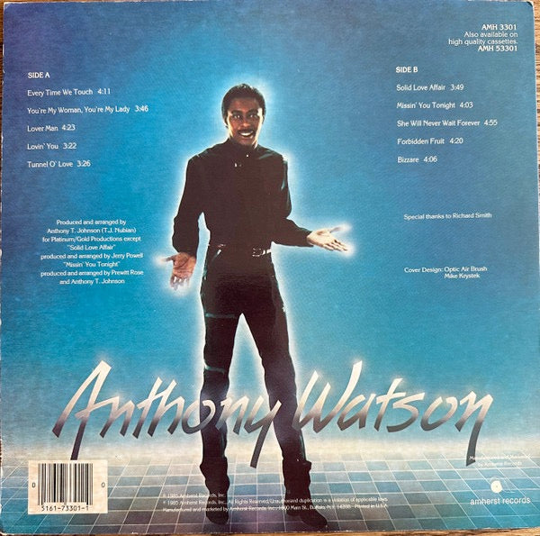 Image of Back Cover of 4214157C: LP - ANTHONY WATSON, Anthony Watson (Amherst Records; AMH-3301, US 1985, Blue Labels) Creases and edge wear to sleeve. A few light marks and scuffs to disc.  VG/VG