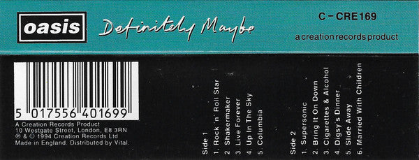 Image of Back Cover of Cassette - VG+/VG+ - OASIS, Definitely Maybe (Creation Records; C-CRE169, UK 1994, Bars On Cassette Window), Slight rubbing to shell print.,  - 2216343C