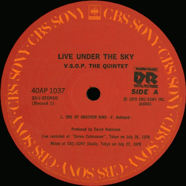 Image of Label Cover of LP - VG+/VG+ - V.S.O.P. THE QUINTET, Live Under The Sky (CBS/Sony; 40AP 1037~8, Japan 1979, Pasteback Gatefold, 3 Inserts, NO OBI Strip), Only back half of Obi,  - 2146274S
