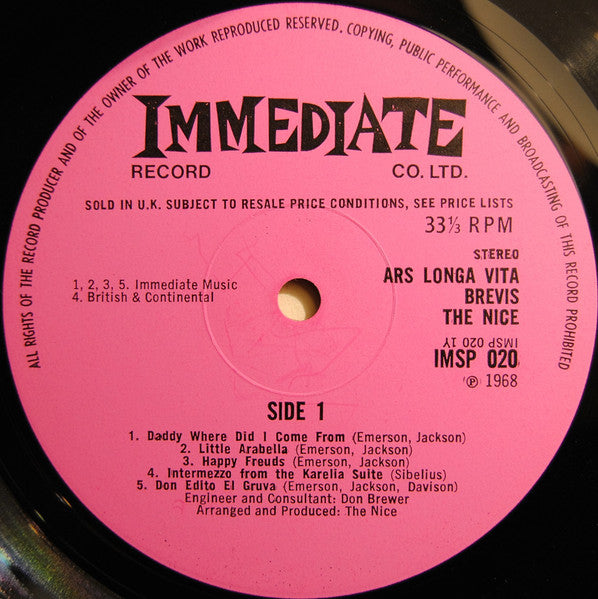 Image of Label Cover of 4244107S: LP - THE NICE, Ars Longa Vita Brevis (Immediate; IMSP 020, UK 1968, Flipback Sleeve, First pressing. Pink labels. 1Y-2 / 2Y-2 matrices) Edge and Ring Wear  G+/VG+