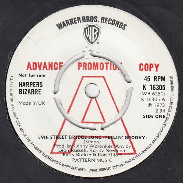 Image of Front Cover of 4214208C: 7" - HARPERS BIZARRE, 59th Street Bridge Song (Feelin' Groovy) (Warner Bros. Records; K 16305, UK 1973, Promo, Company Sleeve)   VG/VG+