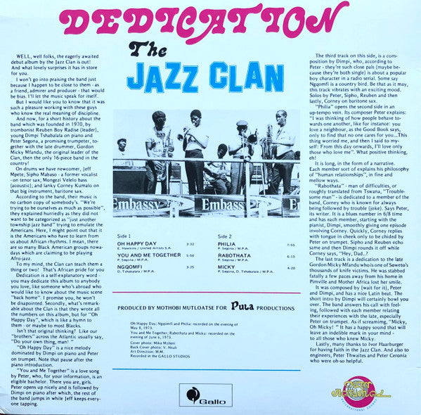 Image of Back Cover of 4244172S: LP - THE JAZZ CLAN, Dedication (Outernational Sounds; OTR017, UK 2022, Insert)   VG+/VG+