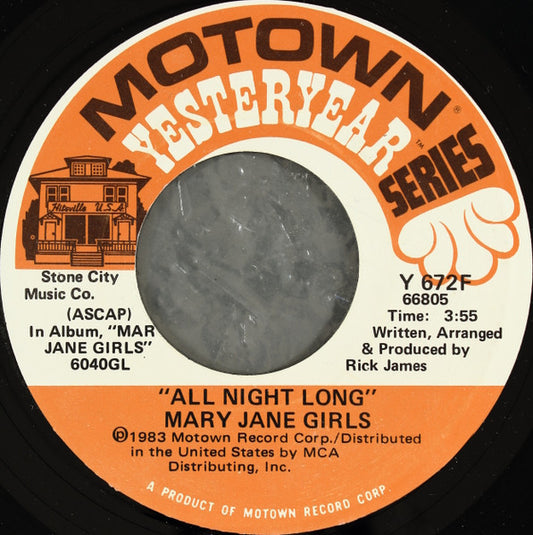 Image of Front Cover of 4224198E: 7" - MARY JANE GIRLS, All Night Long/ Boys (Motown; Y 672F, US 1983 Reissue) Light marks.  /VG