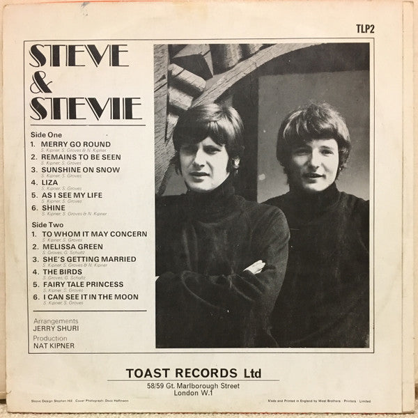 Image of Back Cover of 4224160E: LP - STEVE & STEVIE, Steve & Stevie (Toast; TLP2, UK 1968, Laminated Front Sleeve) Water Damage To Sleeve, SWticker and Writing On Rear Sleeve  G+/EX