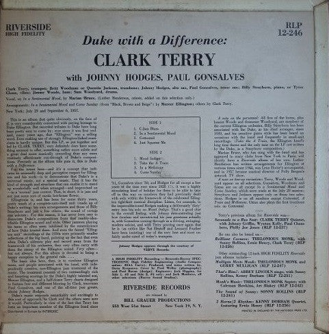 Image of Back Cover of 4244179S: LP - CLARK TERRY, Duke With A Difference (Riverside Records; RLP 12-246, UK )   /VG+