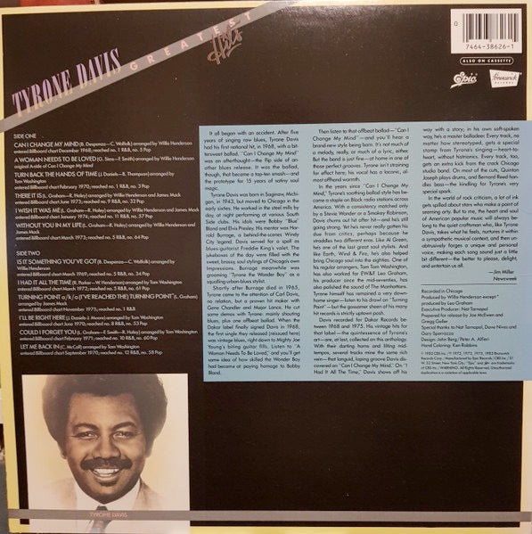 Image of Back Cover of 4214329C: LP - TYRONE DAVIS, Greatest Hits (Epic; PE 38626, US 1983) Shrink-wrapped sleeve  VG+/VG