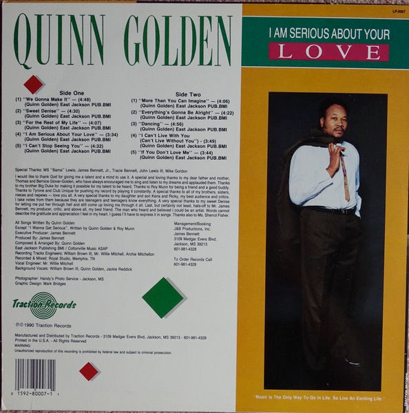 Image of Back Cover of 4214333C: LP - QUINN GOLDEN, I Am Serious About Your Love (Traction Records; LP-0007, US 1990)   VG/VG