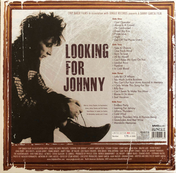 Image of Back Cover of 4224329E: 2xLP - JOHNNY THUNDERS, Looking For Johnny The Legend Of Johnny Thunders Original Soundtrack Album (Jungle Records ; FREUDLP116, UK, Europe & US 2014, Textured Gatefold Sleeve, Red Vinyl, R.S.D. 2014 Release) Strong VG+, Limited Edition Number 379/2000  EX/VG+