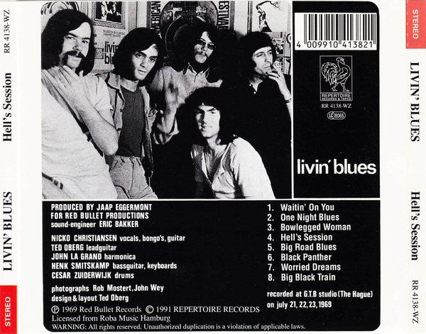 Image of Back Cover of 4234197E: CD - LIVIN' BLUES, Hell's Session (Repertoire Records; RR 4138-WZ, Germany 1991, Jewel Case, Booklet)   VG+/VG