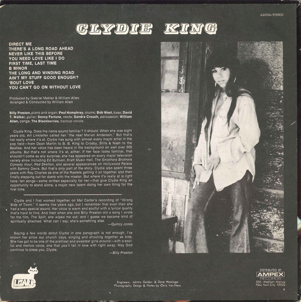 Image of Back Cover of 4244343S: LP - CLYDIE KING, Direct Me (Lizard; A20104, US 1970, Pasteback Sleeve) Heavy ringwear, tape repaired bottom left corner, moderate crease top right. Record in lovely condition  G+/VG+