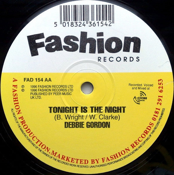 Image of Back Cover of 4244402S: 12" - DEBBIE GORDON, Got To Get Over You / Tonight Is The Night (Fashion Records; FAD 154, UK 1996) Light Marks only.  /VG