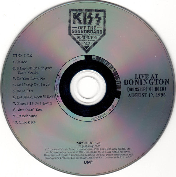 Image of Label Cover of 2xCD - VG+/VG+ - KISS, Off The Soundboard Live At Donington (Monsters Of Rock) August 17, 1996 (UMe; 00602445248094, Europe 2022, Gatefold), ,  - 4234281E