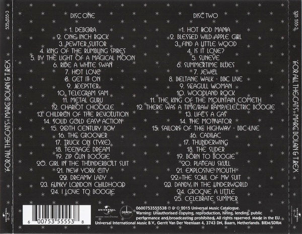 Image of Back Cover of 4214533C: 2xCD - MARC BOLAN & T.REX*, For All The Cats (The Best Of) (Universal Music Catalogue; 535 555-3, Europe 2015 Reissue, Double CD Case)   VG+/VG+