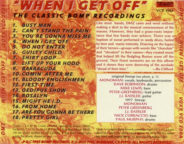 Image of Back Cover of 4214534C: CD - DMZ, When I Get Off (Voxx Records; VCD 2004, US 1993 Reissue, Jewel Case)   VG+/VG+