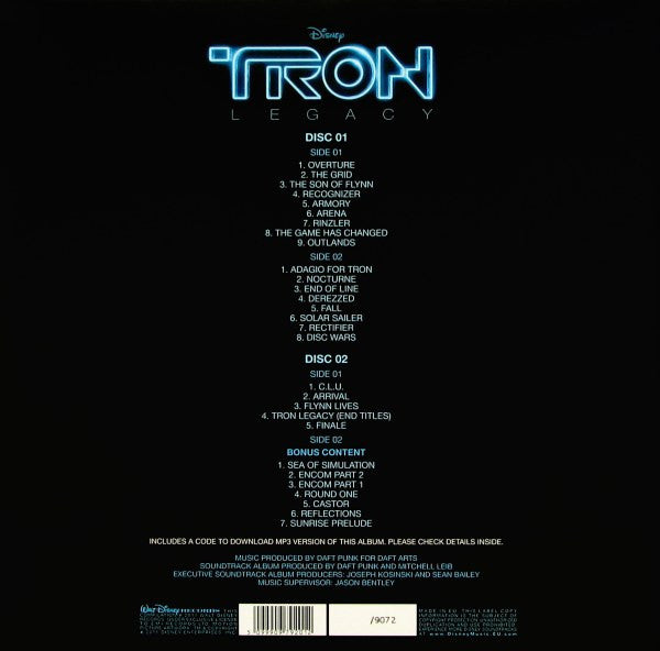 Image of Back Cover of 4244529S: 2xLP - DAFT PUNK, TRON: Legacy (Vinyl Edition Motion Picture Soundtrack) (Walt Disney Records; 5099909792012, Europe 2011, Gatefold, Insert) VG+++, looks unplayed. Minor creasing on edges.  VG/VG+