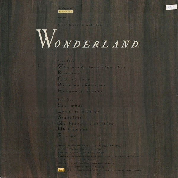 Image of Back Cover of 4314001C: LP - ERASURE, Wonderland (Mute; Stumm 25, UK 1986, Inner) Light Marks only.  VG/VG