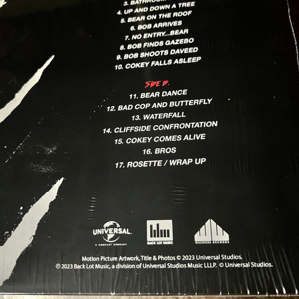 Image of Back Cover of 4314025C: LP - MARK MOTHERSBAUGH, Cocaine Bear (Original Motion Picture Soundtrack) (Waxwork Records; WW180, USA & Europe 2023, Gatefold, Insert, Clear Splatter Vinyl) Still In Stickered Shrinkwrap  EX/EX