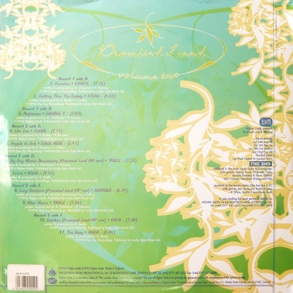 Image of Back Cover of 4314077C: 3xLP - VARIOUS, Promised Land Volume Two (Higher Limits; HLPLLP2, UK 1996, Single Sleeve) Vinyl has been professionally cleaned and sounds great.  Light superficial marks on vinyl, sleeve is in very nice shape, just minor creasing.   VG/VG