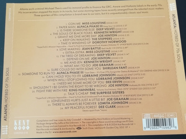 Image of Back Cover of 3215853C: CD - VARIOUS, Atlanta Hotbed Of 70's Soul (Kent Soul; CDKEND 518, UK 2024, Jewel Case, Booklet)   EX/EX