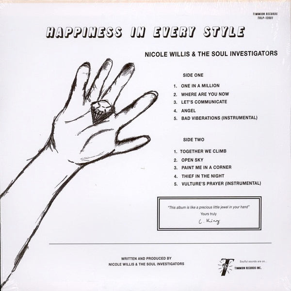 Image of Back Cover of 4314190C: LP - NICOLE WILLIS & THE SOUL INVESTIGATORS, Happiness In Every Style (Timmion Records; TRLP-12001, Europe 2015) Still In Stickered Shrinkwrap  EX/VG+