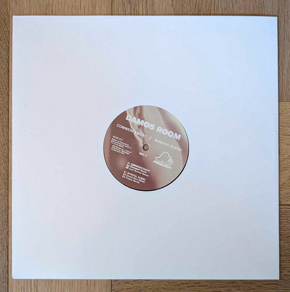 Image of Back Cover of 12" - NEW/NEW - DAMOS ROOM, Commencement // Mineral Blend (Nudibranch Records; NUDI 015, UK 2024, Stamped Plain Sleeve, Insert + Sticker), , Elijah Minnelli Alias. Included is a Horse Milita Sticker & a printed certificate of ownership. - 4354047S