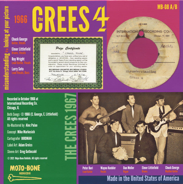 Image of Back Cover of 4314319C: 7" - THE CREES-4, Misunderstanding b/w Looking At Your Picture (Mojo-Bone Rekkids; MB-08 A/B, US 2021 Reissue, Picture Sleeve, Company Inner, Mono)   EX/VG+