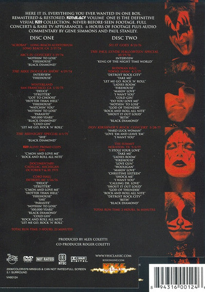 Image of Back Cover of 4334041E: 2xDVD - KISS, Kissology: The Ultimate Kiss Collection Vol. 1 1974-1977 (VH1 Classic Records; VH00124, US 2006, Slipcase, Booklet, Region 1 US)   VG+/VG+