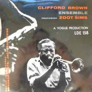 Image of Front Cover of 4314309C: 10" - CLIFFORD BROWN ENSEMBLE FEATURING ZOOT SIMS, Clifford Brown Ensemble Featuring Zoot Sims (Vogue Records; L.D.E. 158, UK 1956, Laminated Flipback Sleeve) Quite a few light marks to vinyl but plays nicely. Sleeve is a solid VG.  VG/G+