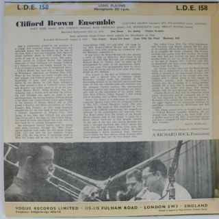 Image of Back Cover of 4314309C: 10" - CLIFFORD BROWN ENSEMBLE FEATURING ZOOT SIMS, Clifford Brown Ensemble Featuring Zoot Sims (Vogue Records; L.D.E. 158, UK 1956, Laminated Flipback Sleeve) Quite a few light marks to vinyl but plays nicely. Sleeve is a solid VG.  VG/G+