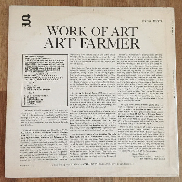 Image of Back Cover of 4344270S: LP - ART FARMER, Work Of Art (New Jazz; NJ 8278, US ) Light marks both sides of disc. Worn sleeve.   VG/VG