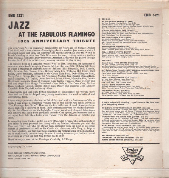 Image of Back Cover of 4344272S: LP - VARIOUS, Jazz At The Flamingo - 10th Anniversary Tribute (Ember Records International Ltd; EMB 3321, UK 1961, Flipback Sleeve)   VG+/VG+