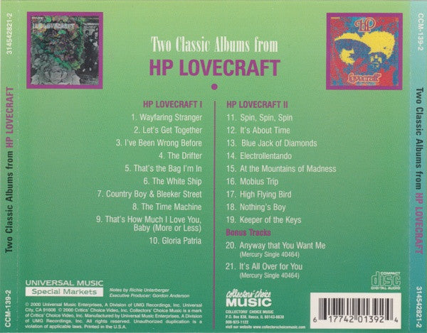 Image of Back Cover of 4354161S: CD - HP LOVECRAFT, Two Classic Albums From HP Lovecraft (Collectors' Choice Music; CCM-139-2, US 2000, Jewel Case)   VG+/VG+