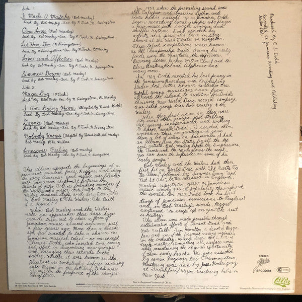 Image of Back Cover of LP - VG/VG+ - BOB MARLEY & THE WAILERS FEATURING PETER TOSH, The Birth Of A Legend (Epic; EPC 32088, UK 1980s Reissue), ,  - 1326246E