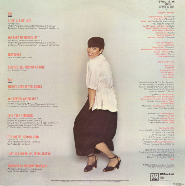 Image of Back Cover of 4344327S: LP - TATA VEGA, Givin' All My Love (Motown; STML 12138, UK 1981) Sticker damage, creased top right of sleeve, slight ringwear. One or two light marks to record.  VG/VG+